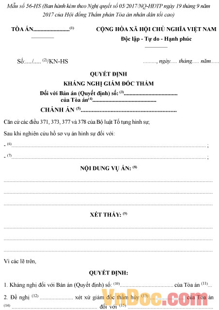 Mẫu số 56-HS: Quyết định kháng nghị giám đốc thẩm