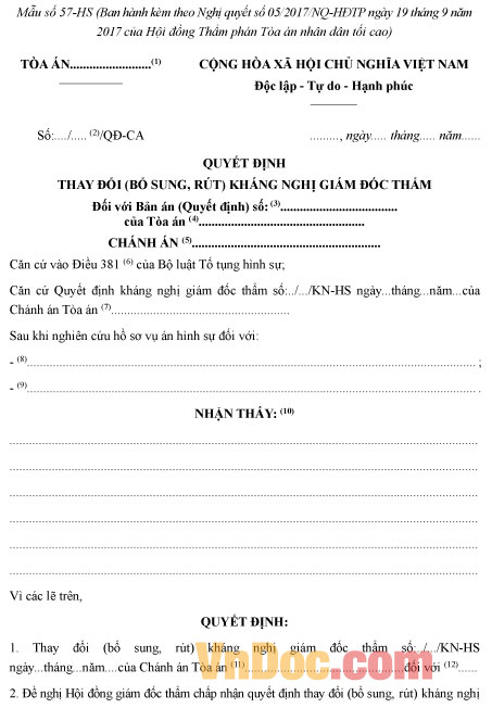 Mẫu số 57-HS: Quyết định thay đổi, bổ sung, rút kháng nghị giám đốc thẩm