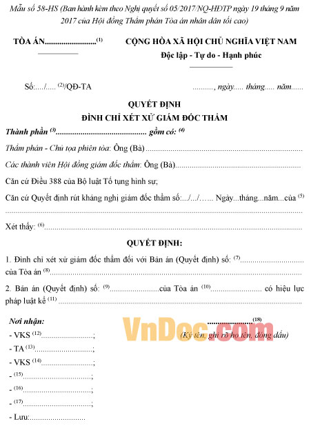 Mẫu số 58-HS: Quyết định đình chỉ xét xử giám đốc thẩm