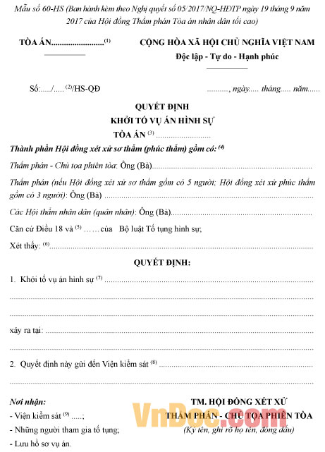 Mẫu số 60-HS: Quyết định khởi tố vụ án hình sự