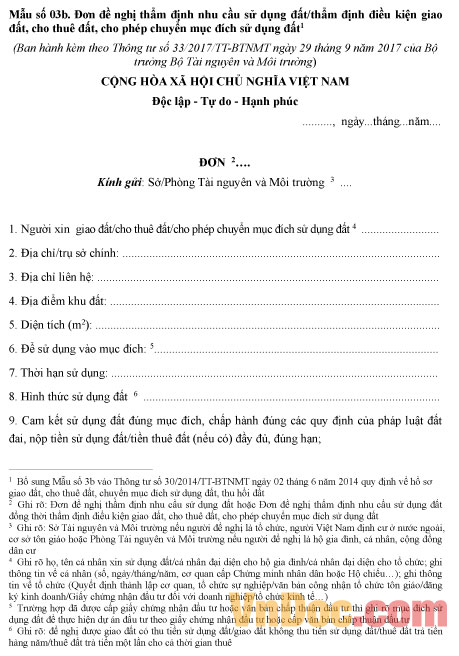 Mẫu đơn đề nghị thẩm định nhu cầu sử dụng đất