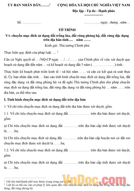 Mẫu tờ trình về việc chuyển mục đích sử dụng đất