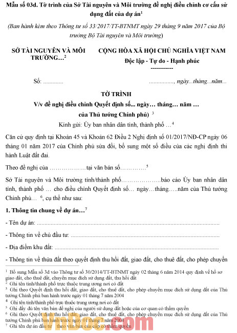 Mẫu tờ trình đề nghị điều chỉnh cơ cấu sử dụng đất
