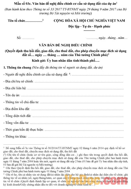 Mẫu văn bản đề nghị điều chỉnh cơ cấu sử dụng đất