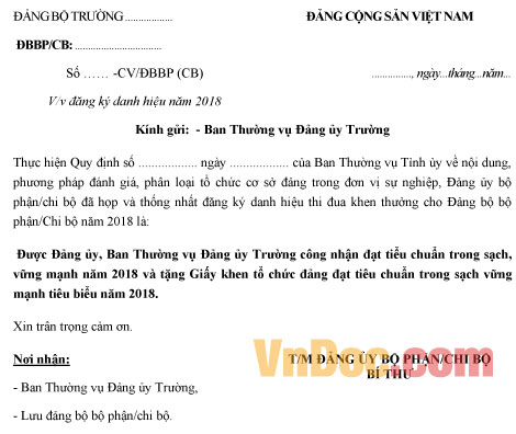 Mẫu công văn đăng ký danh hiệu tổ chức Đảng