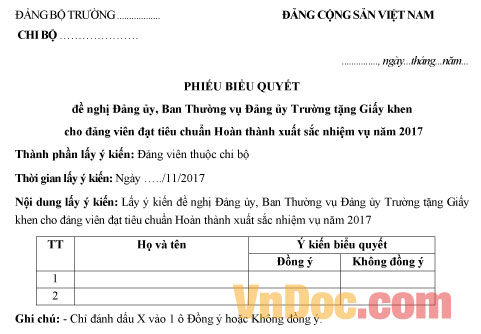 Mẫu phiếu biểu quyết đề nghị Đảng ủy trường khen thưởng Đảng viên