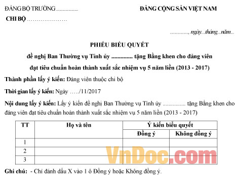 Mẫu phiếu biểu quyết đề nghị tỉnh ủy khen thưởng Đảng viên 5 năm