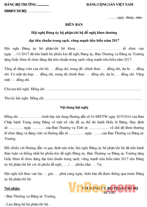 Mẫu biên bản họp khen thưởng tổ chức Đảng