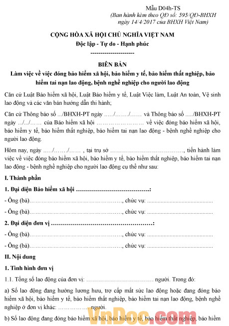 Mẫu D04h-TS: Biên bản làm việc về đóng BHXH, BHYT, BHTN, BHTNLĐ - BNN cho người lao động