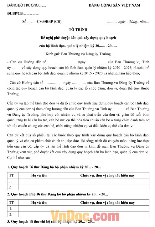 Mẫu tờ trình đề nghị phê duyệt kết quả xây dựng quy hoạch cán bộ lãnh đạo