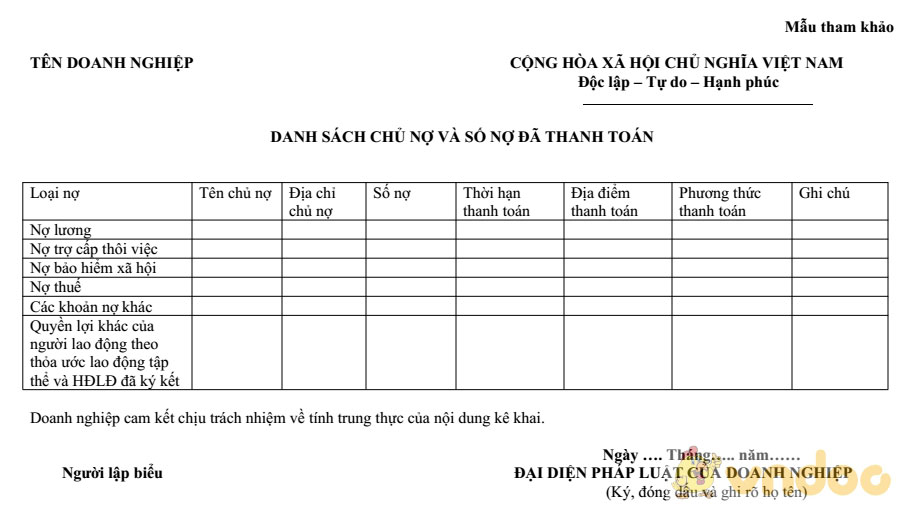 Danh sách chủ nợ và nợ chưa thanh toán