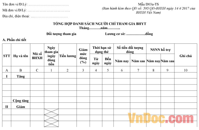 Mẫu D03a-TS: Tổng hợp danh sách người chỉ tham gia BHYT
