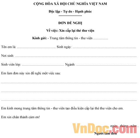 Mẫu đơn xin cấp lại thẻ thư viện