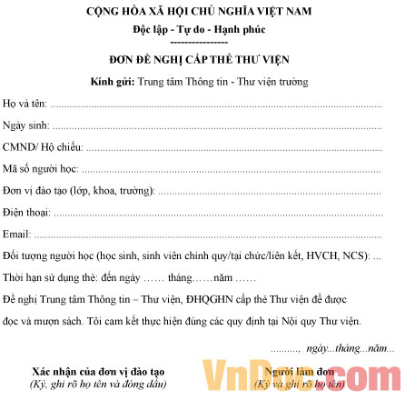 Mẫu đơn xin cấp thẻ thư viện