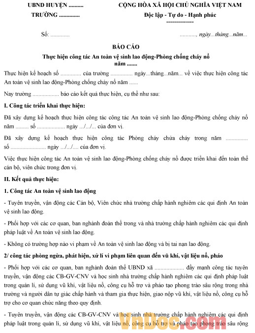 Mẫu báo cáo công tác an toàn vệ sinh lao động - phòng chống cháy nổ