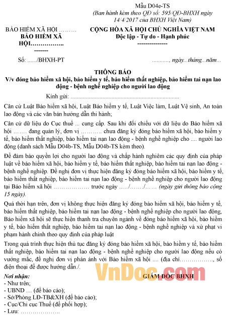 Mẫu D04e-TS: Thông báo đóng BHXH, BHYT, BHTN, BHTNLĐ-BNN cho người lao động