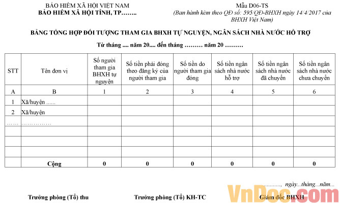 Mẫu D06-TS: Bảng tổng hợp đối tượng tham gia BHXH tự nguyện, ngân sách nhà nước hỗ trợ