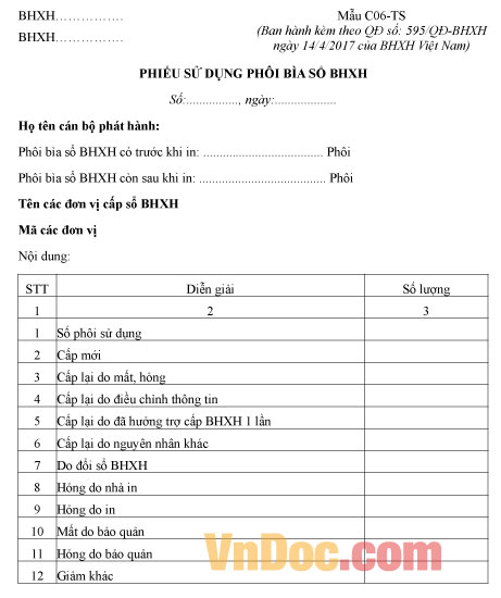 Mẫu C06-TS: Phiếu sử dụng phôi bìa sổ BHXH