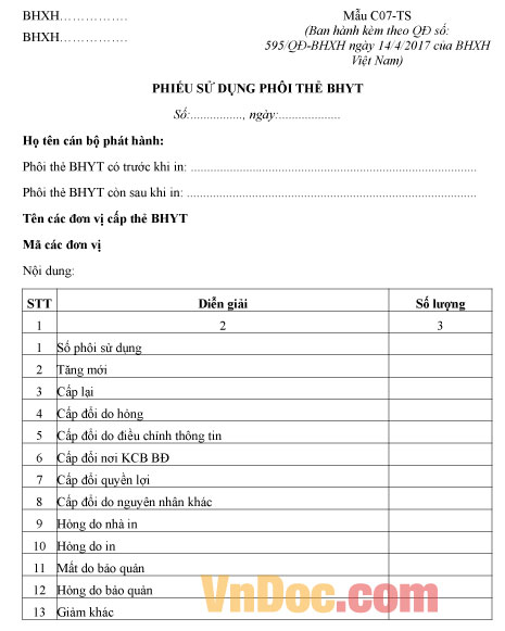 Mẫu C07-TS: Phiếu sử dụng phôi thẻ BHYT