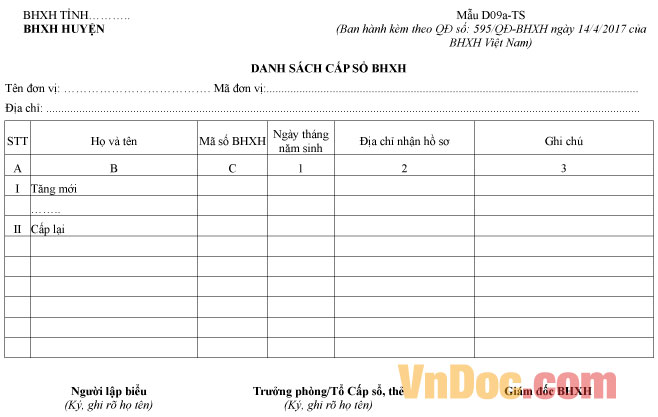 Mẫu D09a-TS: Danh sách cấp sổ BHXH