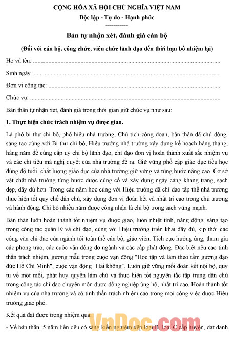 Mẫu bản kiểm điểm bổ nhiệm lại cán bộ quản lý