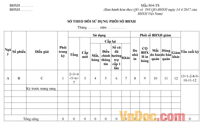 Mẫu S04-TS: Sổ theo dõi sử dụng phôi sổ BHXH