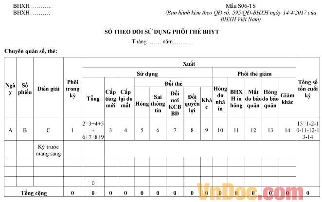 Mẫu S06-TS: Sổ theo dõi sử dụng phôi thẻ BHYT