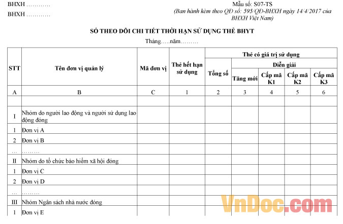 Mẫu số S07-TS: Sổ theo dõi chi tiết thời hạn sử dụng thẻ BHYT