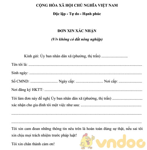 Giấy xin xác nhận không có đất nông nghiệp