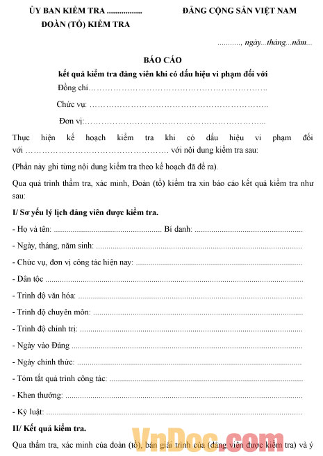 Mẫu báo cáo kết quả kiểm tra Đảng viên khi có dấu hiệu vi phạm