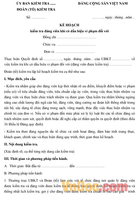 Mẫu kế hoạch kiểm tra Đảng viên khi có dấu hiệu vi phạm