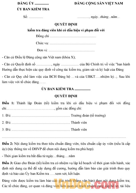 Mẫu quyết định kiểm tra Đảng viên khi có dấu hiệu vi phạm