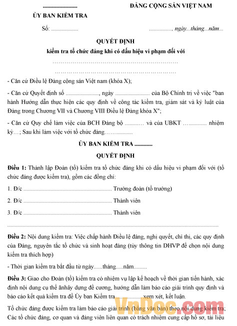 Quyết định kiểm tra tổ chức Đảng khi có dấu hiệu vi phạm