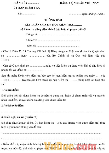 Thông báo kết luận về kiểm tra Đảng viên khi có dấu hiệu vi phạm