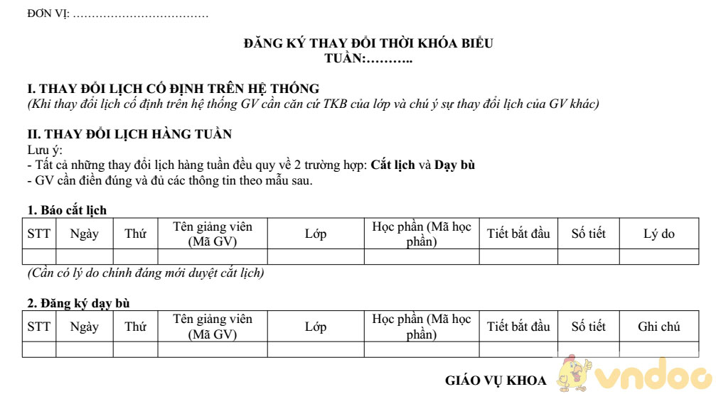 Đơn xin đổi thời khóa biểu