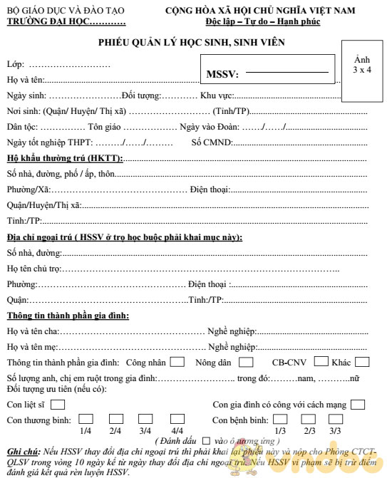 Phiếu quản lý sinh viên