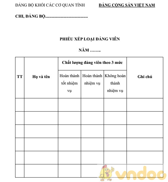 Phiếu xếp loại đảng viên cuối năm