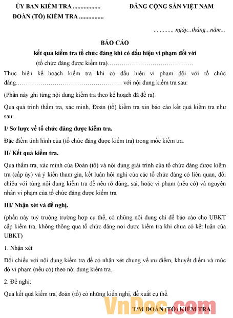 Mẫu báo cáo kết quả kiểm tra tổ chức Đảng khi có dấu hiệu vi phạm