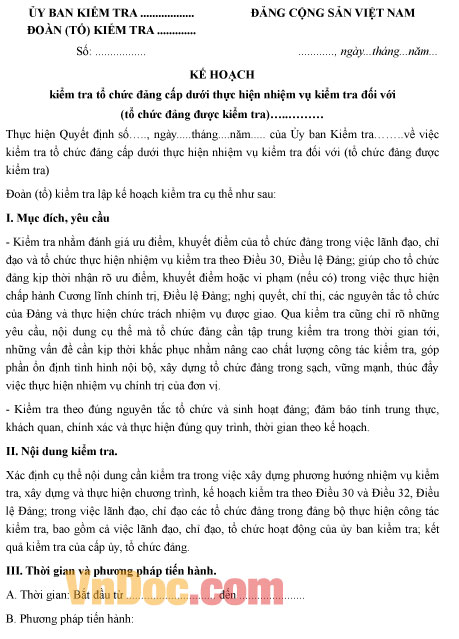 Mẫu kế hoạch kiểm tra tổ chức Đảng cấp dưới thực hiện nhiệm vụ kiểm tra