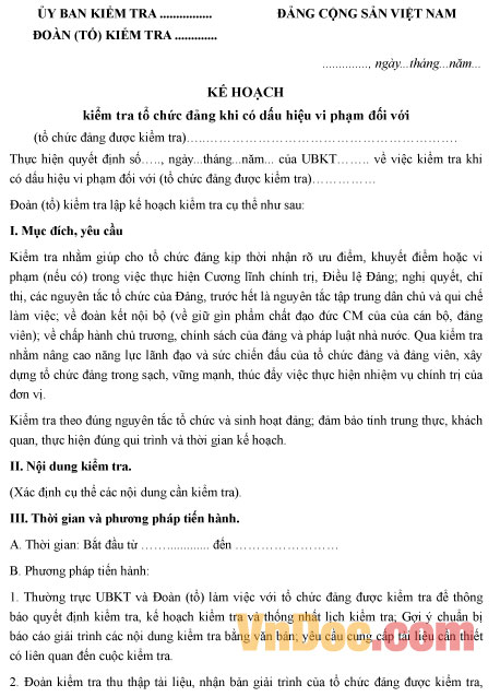 Mẫu kế hoạch kiểm tra tổ chức Đảng khi có dấu hiệu vi phạm