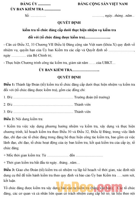 Mẫu quyết định kiểm tra tổ chức Đảng cấp dưới thực hiện nhiệm vụ kiểm tra