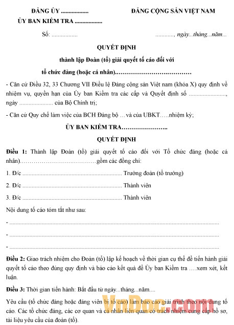 Mẫu quyết định thành lập đoàn (tổ) giải quyết tố cáo