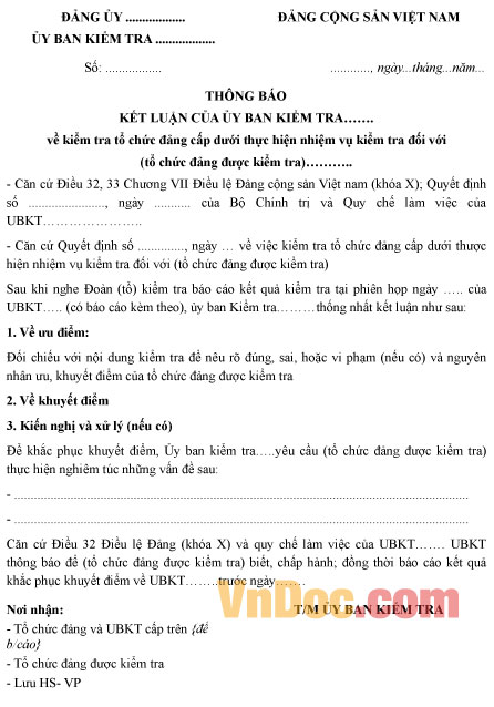 Mẫu thông báo kết luận kiểm tra tổ chức Đảng cấp dưới thực hiện nhiệm vụ kiểm tra