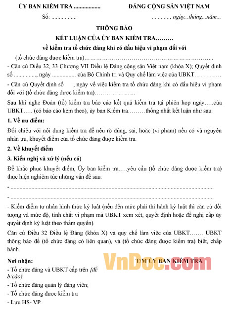 Mẫu thông báo kết luận kiểm tra tổ chức Đảng khi có dấu hiệu vi phạm