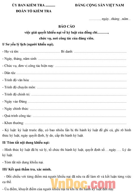 Mẫu báo cáo giải quyết khiếu nại kỷ luật Đảng viên
