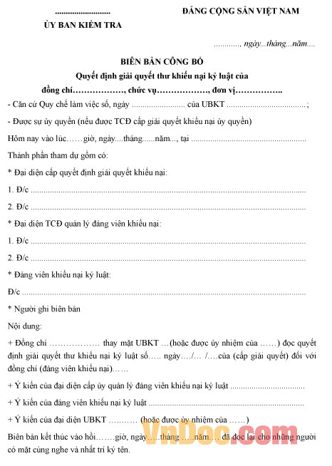 Mẫu biên bản công bố quyết định giải quyết khiếu nại kỷ luật của Đảng viên