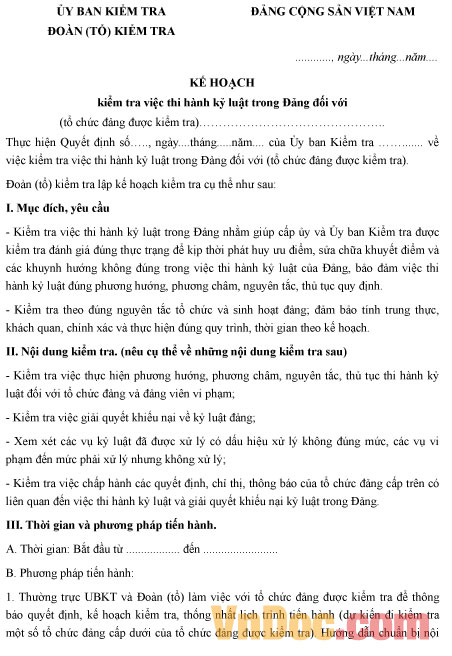 Mẫu kế hoạch kiểm tra việc thi hành kỷ luật trong Đảng