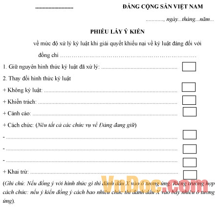 Mẫu phiếu lấy ý kiến kỷ luật Đảng viên