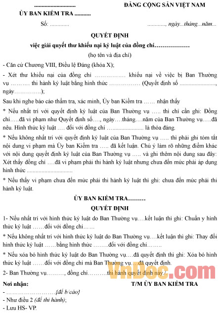 Mẫu quyết định giải quyết thư khiếu nại kỷ luật Đảng viên