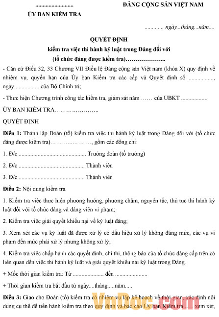 Mẫu quyết định kiểm tra việc thi hành kỷ luật trong Đảng